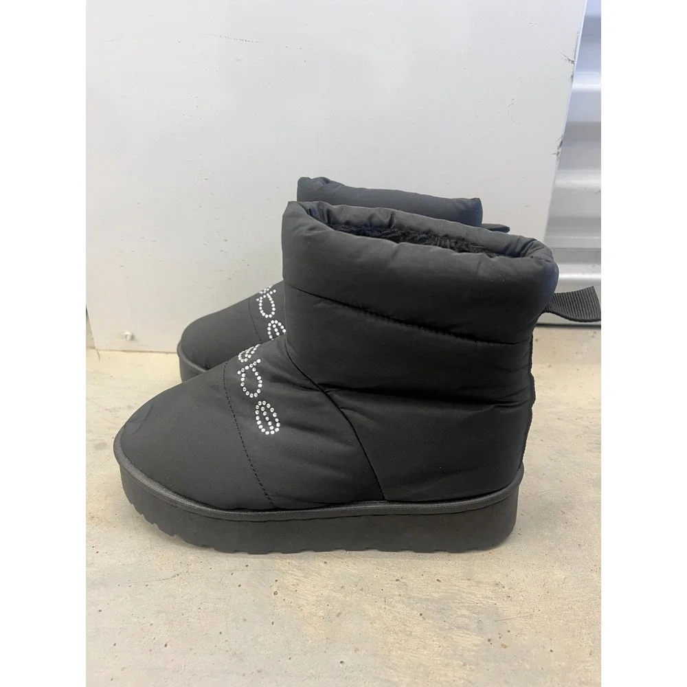 Bebe Winter Boots Girls US 1 Black Rhinestone Logo Fur Lined Platform Casual